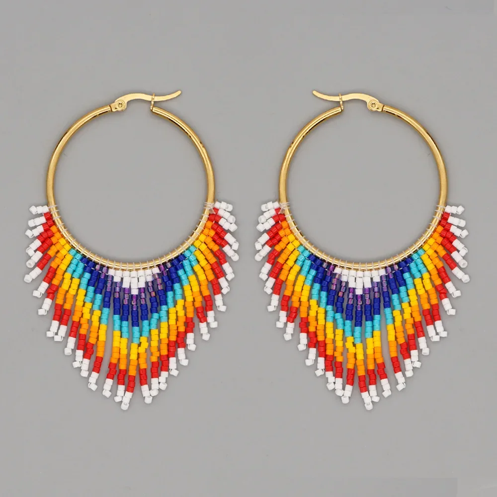 Fringe Earrings  Hand knitting  circle  Gradient  fashion  Simple  Bohemia  geometry  alloy  Rice Bead Earrings