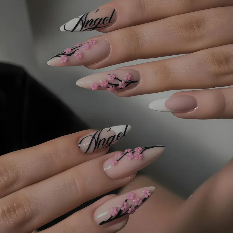 2026 24PCS French tip glossy neutral Bare pink gradient flower almond-shaped matte nails white and black dot artificial nails view 6