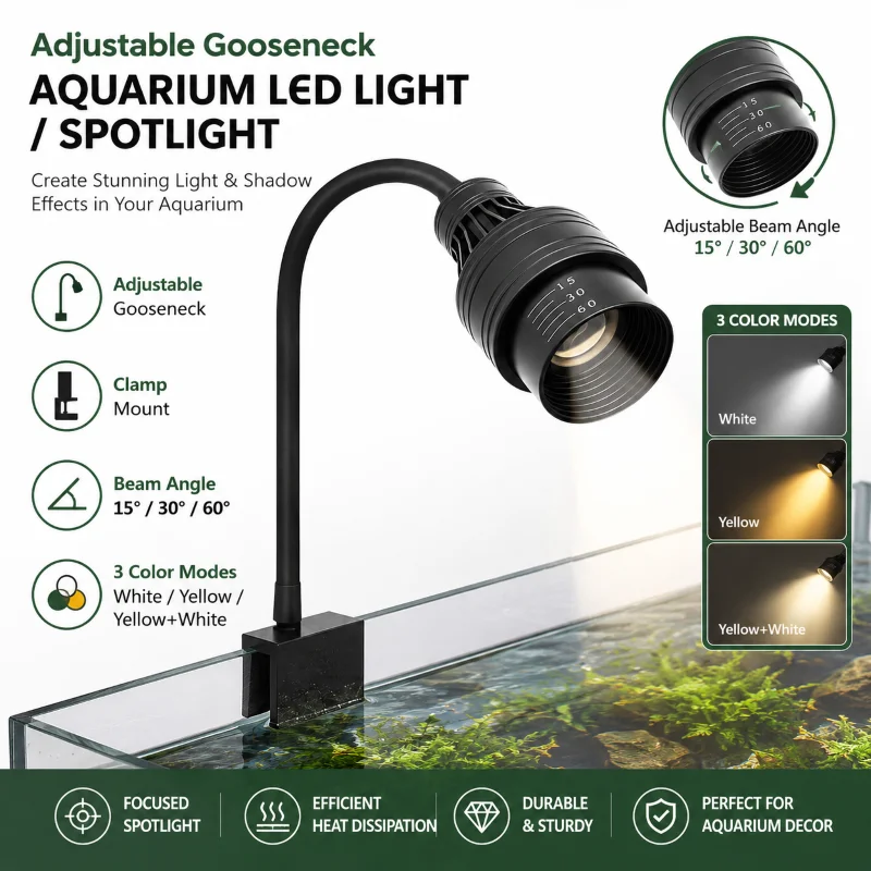 Adjustable Gooseneck Aquarium LED Light Clamp Mount Spotlight COB LED Multi Color Focusable Beam Energy Efficient for Small Tank