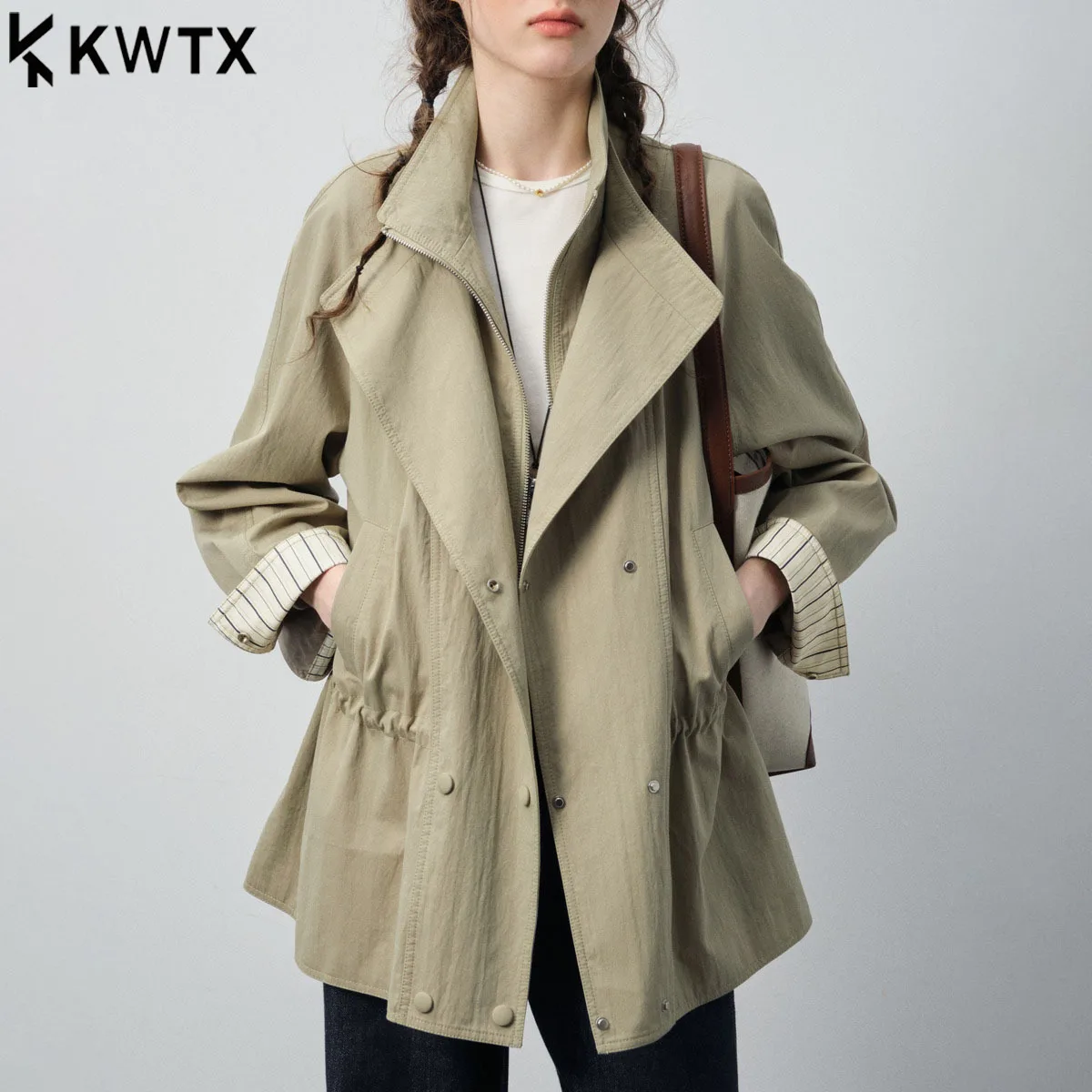 

KWTX 2025 Women’s Color Block Trench Coat Vintage Striped Stand Collar Zipper Belted Waist Patchwork Pockets Casual Autumn
