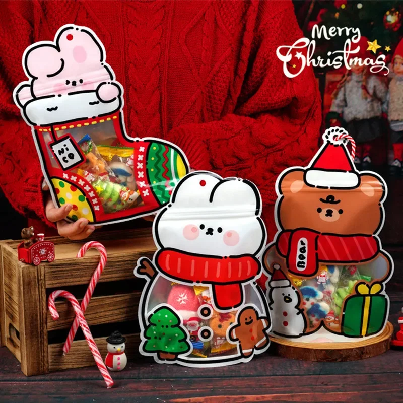 

10Pcs Cartoon Christmas Socks Party Gift Bags Children's Candy Biscuit Packaging Self sealing Xmas Holiday Decor