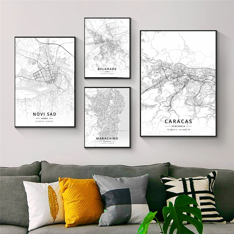 GX1797 Black White World City Map Belgrade Venezuela Poster Prints Canvas Painting Wall Art Picture Photo Living Room Home Decor