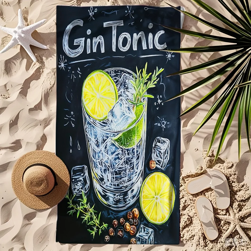 1pc Gin Tonic Cocktail Print Beach Towel - Ultra-Soft Quick-Dry Microfiber with Ice Cubes, Lime Slices & Mint Leaves Design