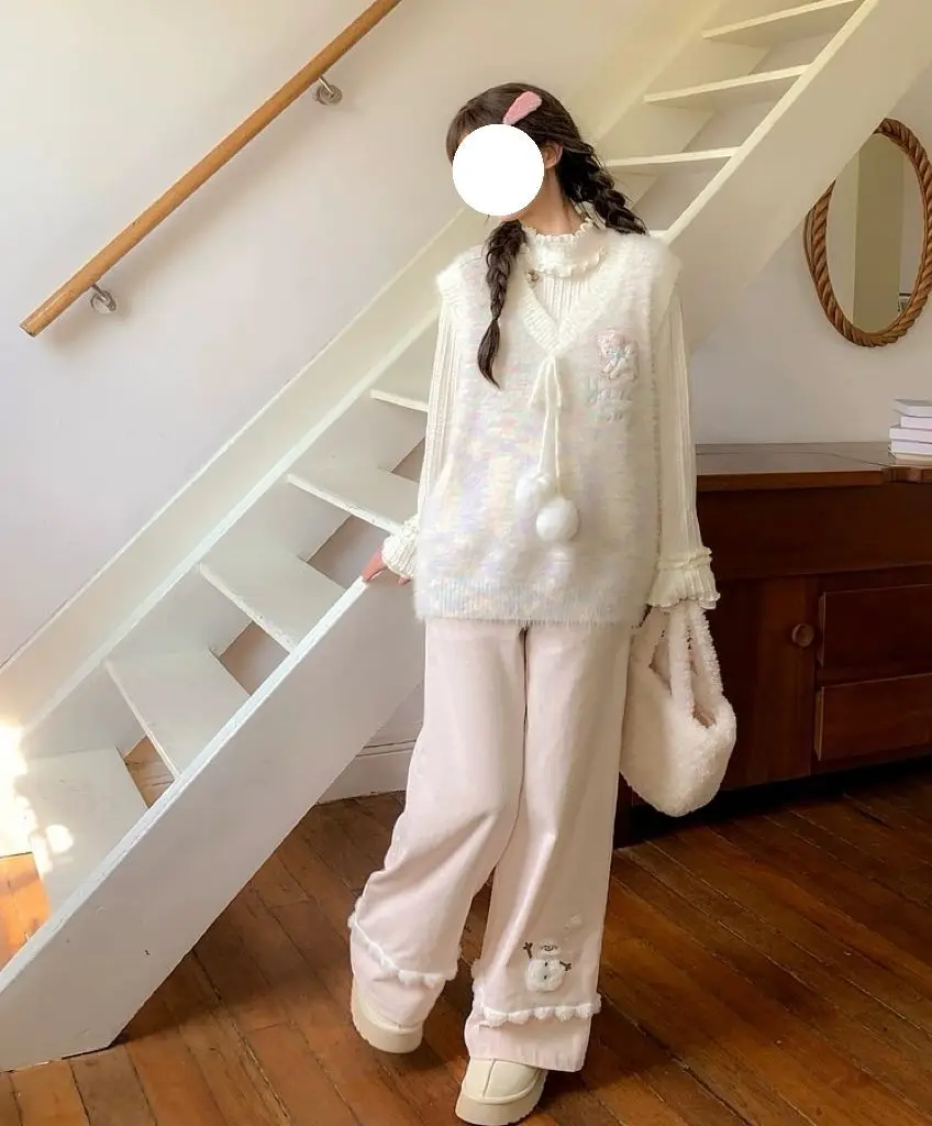 Japanese Kawaii Pants Women Cartoon Snowman Pattern Casual Trousers Sweet Aesthetic Subculture Autumn Sweat Pants Christmas