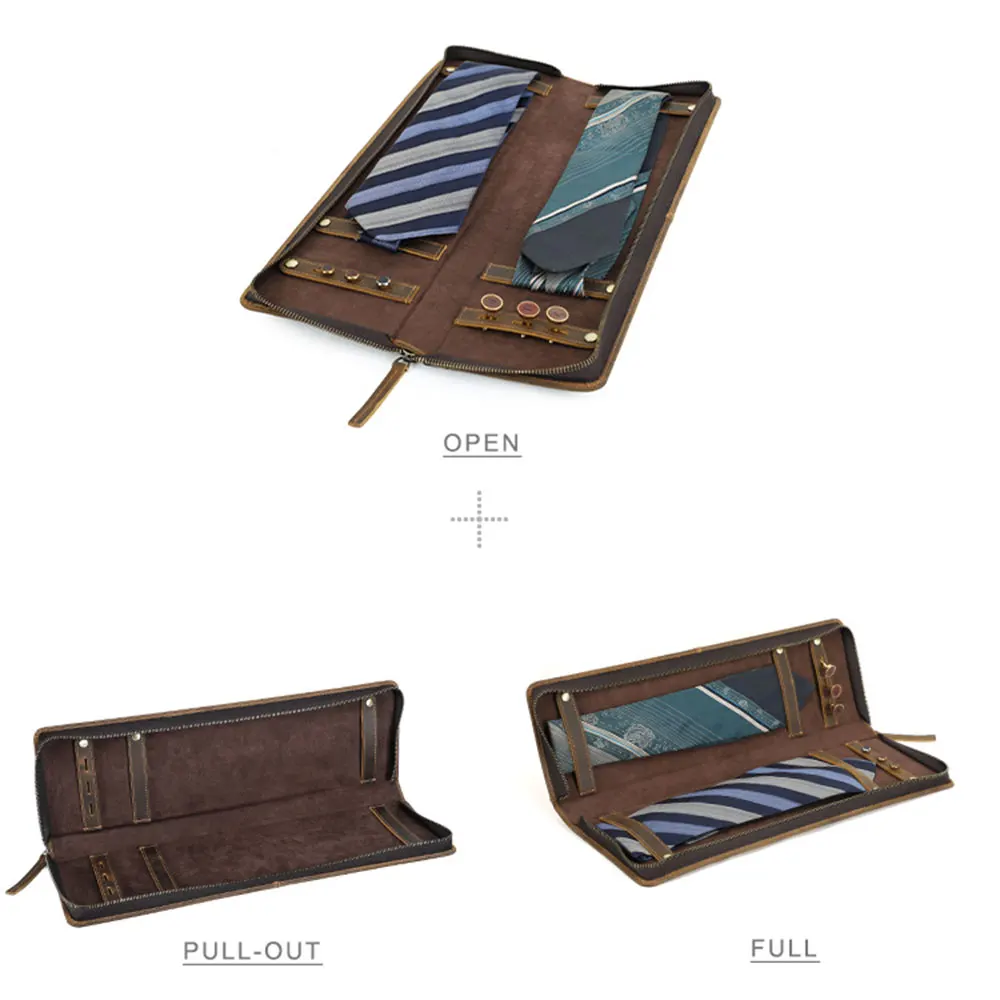 Handmade 100% Cow Leather 2 Slots Ties and Cuff Links Holder Travel Portable Organizer Display Cufflinks Storage Gift Box Case