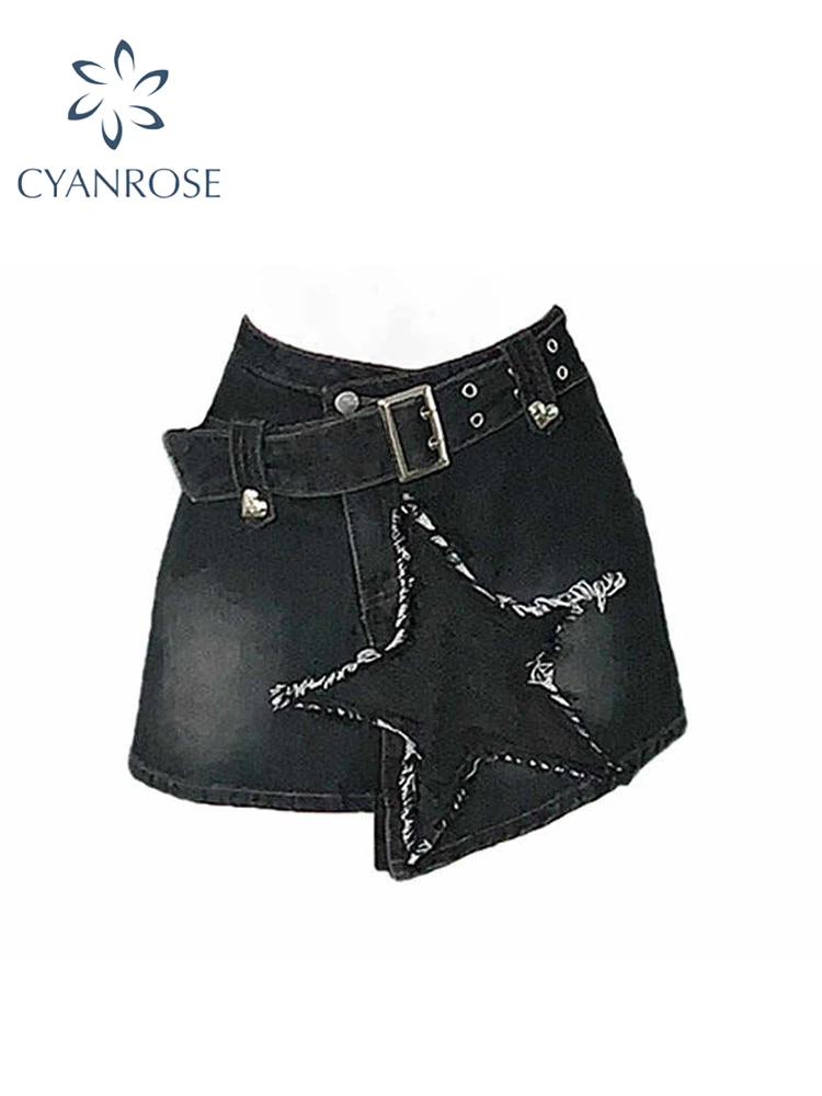 

Women's Black Gothic A-line Denim Star Skirt Vintage 90s Aesthetic Y2k Mini Cowboy Skirt Harajuku Jeans Skirts Emo 2000s Clothes