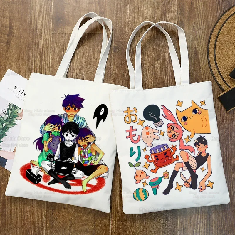 Omori Game Men Handbags Cloth Canvas Anime Neutral Cat Tote Bag Shopping Travel Unisex Eco Reusable Shoulder Shopper Bags