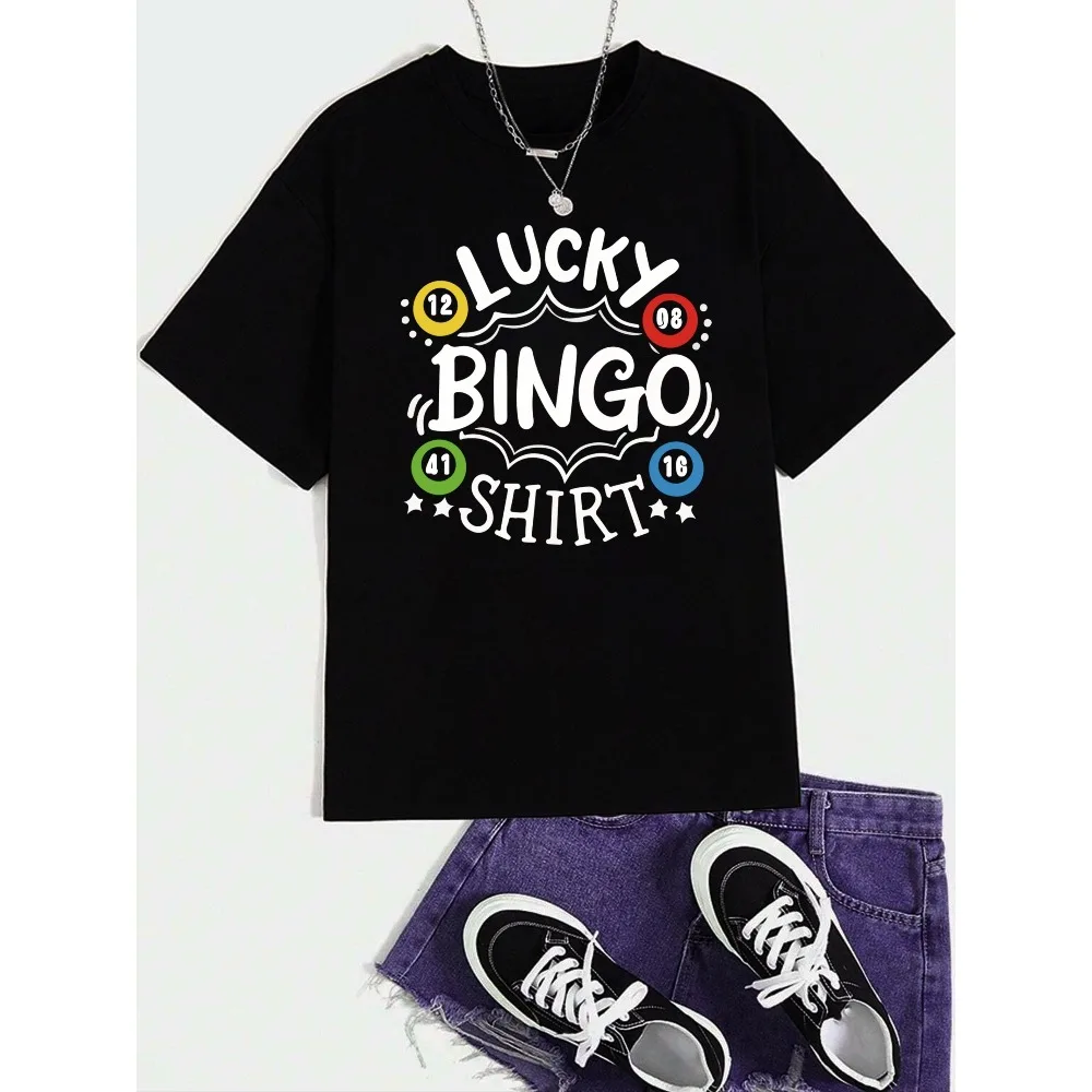 Women's Summer T-Shirt Round Neck Short-Sleeve Loose Fit Casual Lucky Bingo Print Designed for Comfort And Style Classic Design