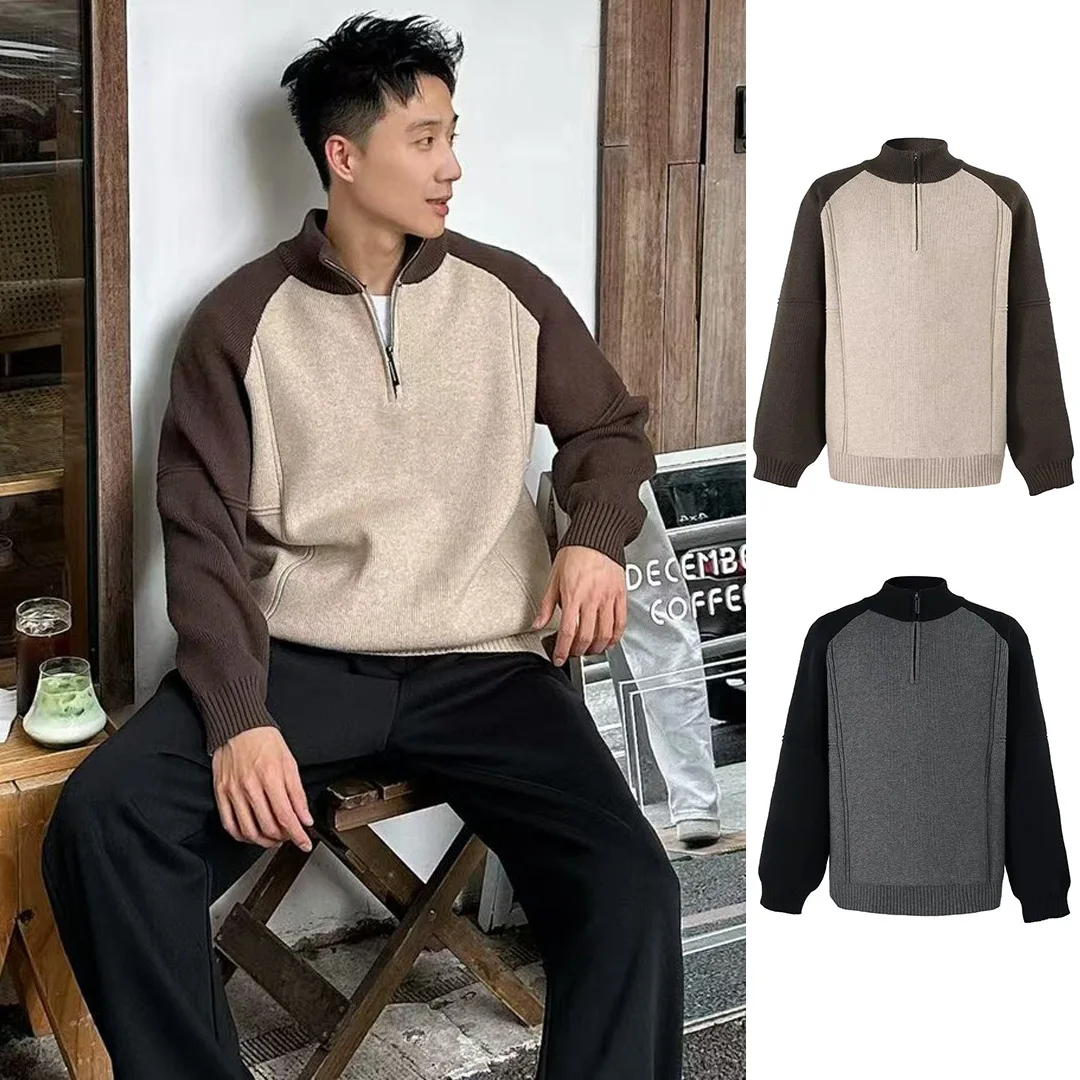 Autumn Winter Color-Block Raglan Half-Zip Knit Sweater Men's Premium Business Casual Top