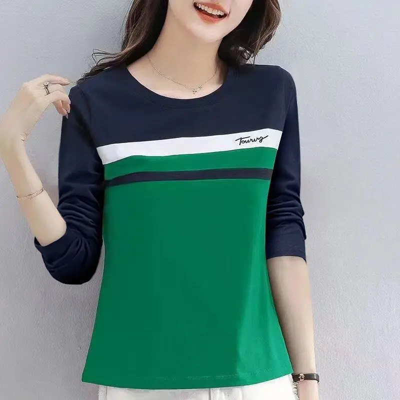 Korean Splicing Cotton T-shirt Women's Long Sleeve Tops 2024 New Autumn Fashion T Shirt Women Dames Shirts Zomer 2022 Aesthetic