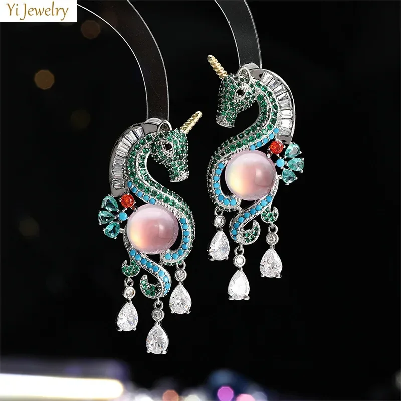 Unique Luxury Jewelry Women Earrings Unicorn Water Drop Dangle Earrings Zircon Shiny Evening Party Jewelry Gift Female