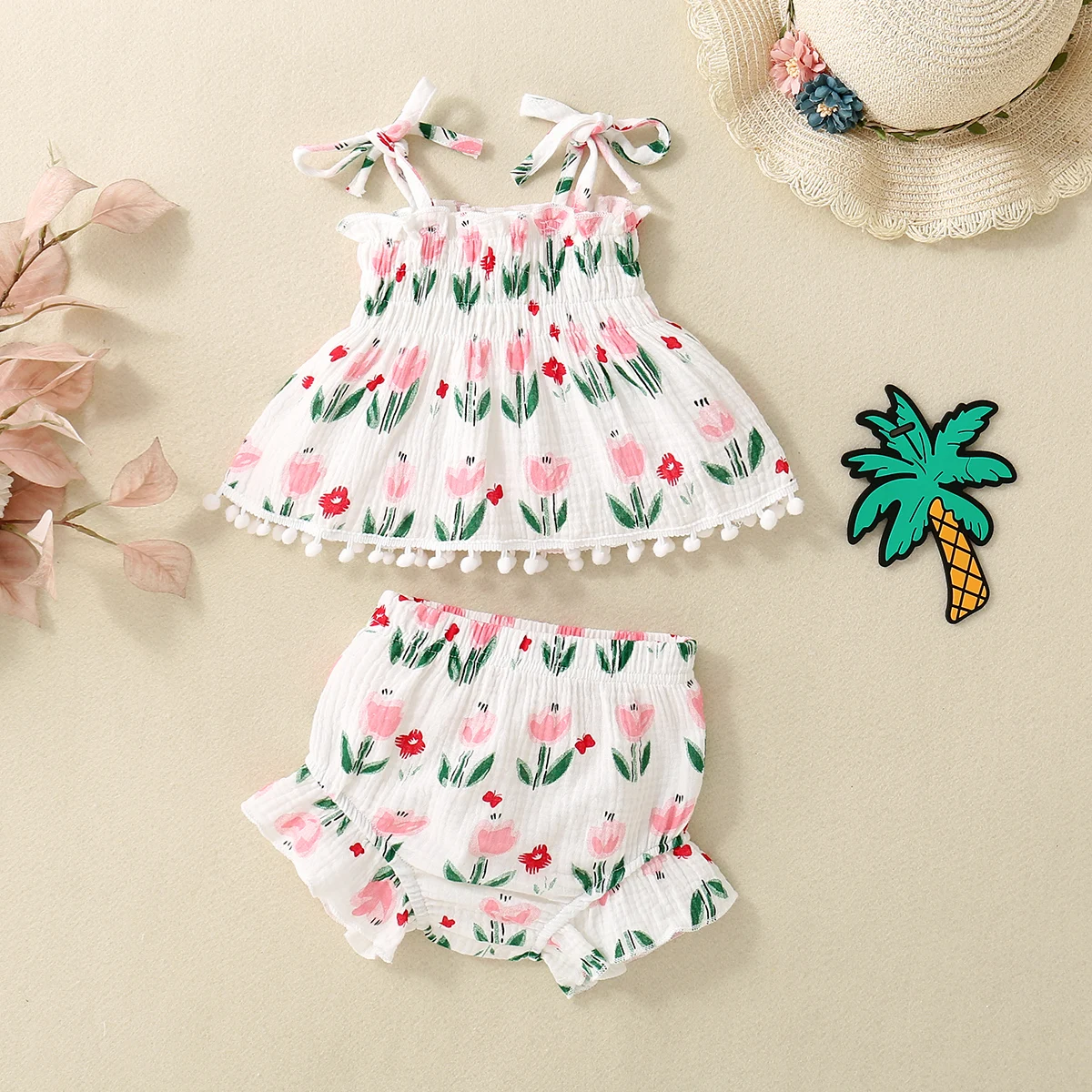 Summer Infant Girls Floral Embroidered Sleeveless Skirt And Shorts Set Baby Girl's Two-Piece Outfit with Floral Embroidery