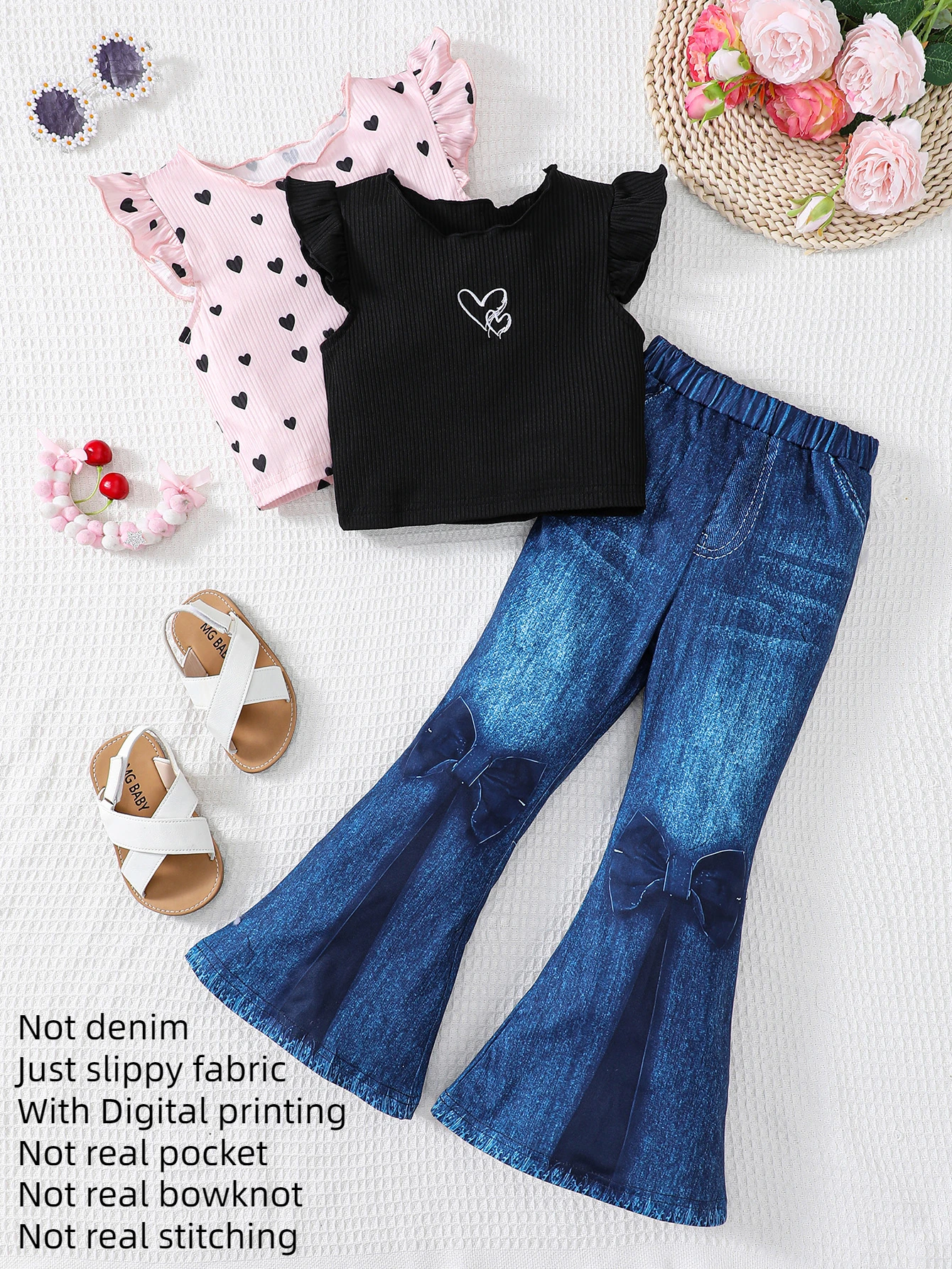 3-8 Years Kids Girls Clothes Sets Flutter Sleeve Heart Print Top with Bluey Pants 2024 Summer Fashion Casual 3PCS Girls Outfit