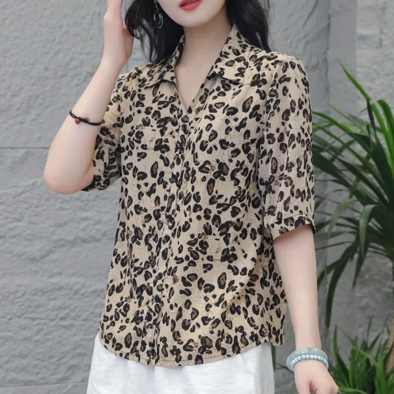 New Summer 2024 Women\'s Pullover Polo Collar Patchwork Printing Fashion Loose Casual All-match Half Sleeves Blouses Shirts