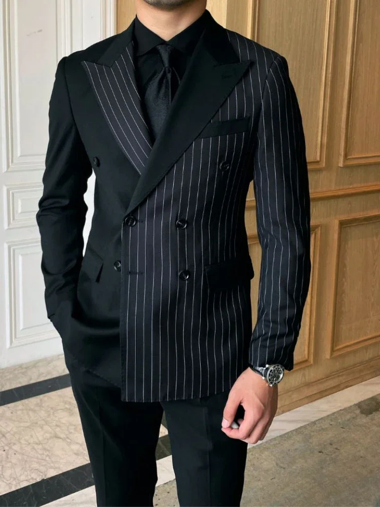 Double Breasted Stripe Suits For Men Wedding Custom Groom Tuxedos 2 Piece Pinstripe Italian Style Groom Tuxedo Male Fashion