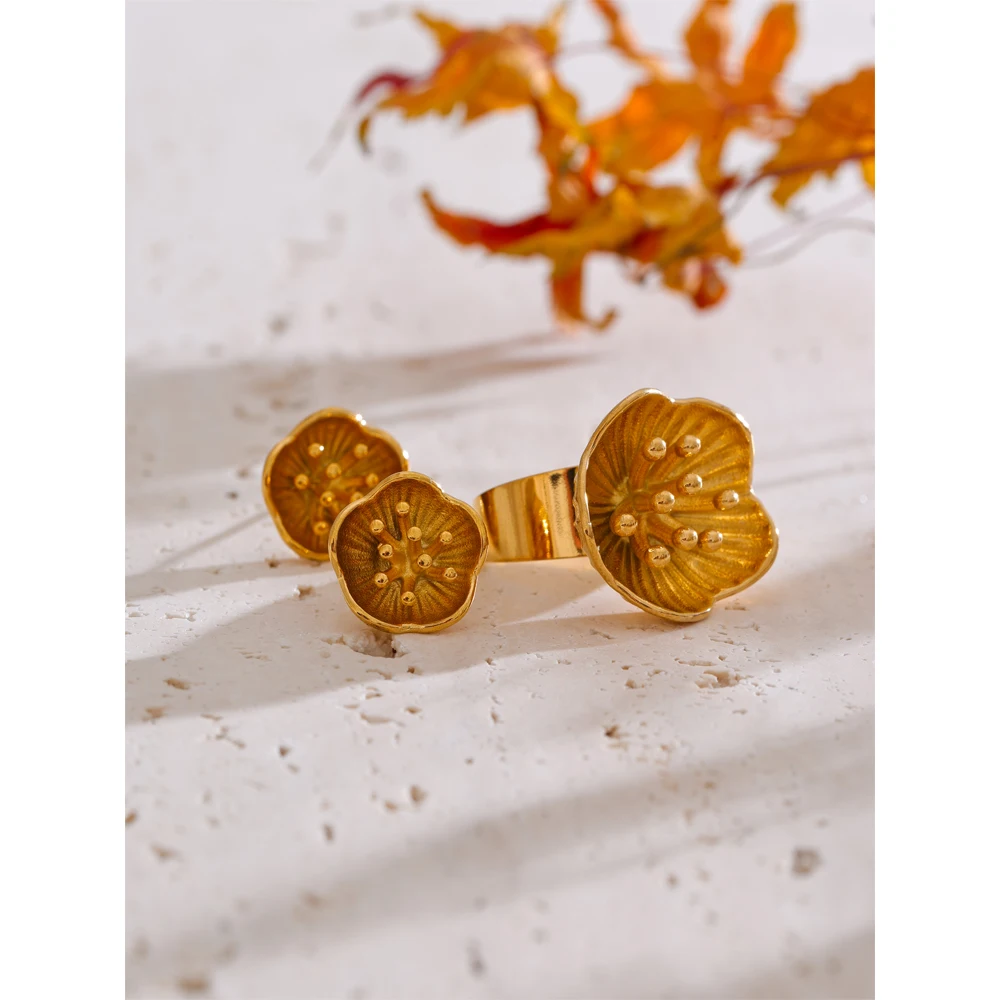 Yhpup Trending Stainless Steel Flower Stamen Stud Earrings Ring 18K Golden Plated Water Resistant Metal Versatile Jewelry 2025