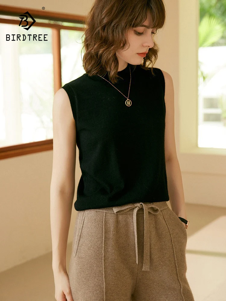 

BirdTree, 100%Pure Cashmere Sweaters, Women Sleeveless Mock Neck Solid, Commute Thin OL Pullovers, 2024 Autumn Winter T47185QC