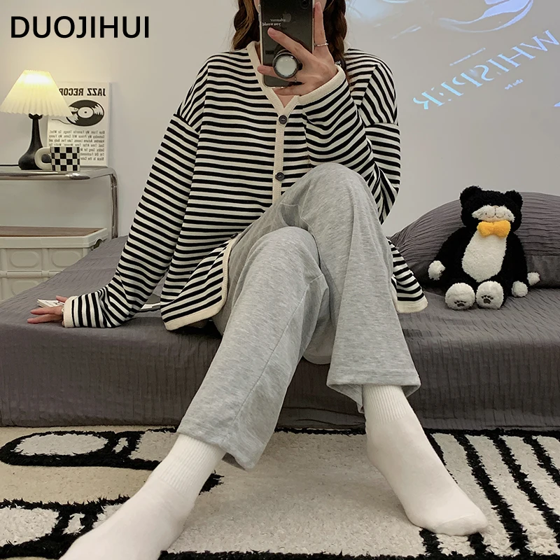 

DUOJIHUI Korean Classic Stripe Cardigans Casual Home Pajamas for Women Autumn New Simple Fashion Pants Loose Female Pajamas Set