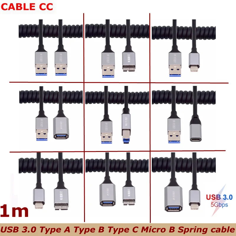 5Gbps USB 3.0 Type A Type B Type C Micro B Male Female OTG Spring Cable For Printing Hard Drives and Cameras on Computers