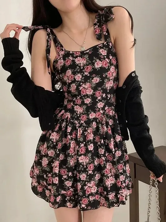 

Faionable Floral ter Dr Women's New 2025 Summer High Waist Anti-Aging Belted Dr Cardigan Top Two-Piece Set