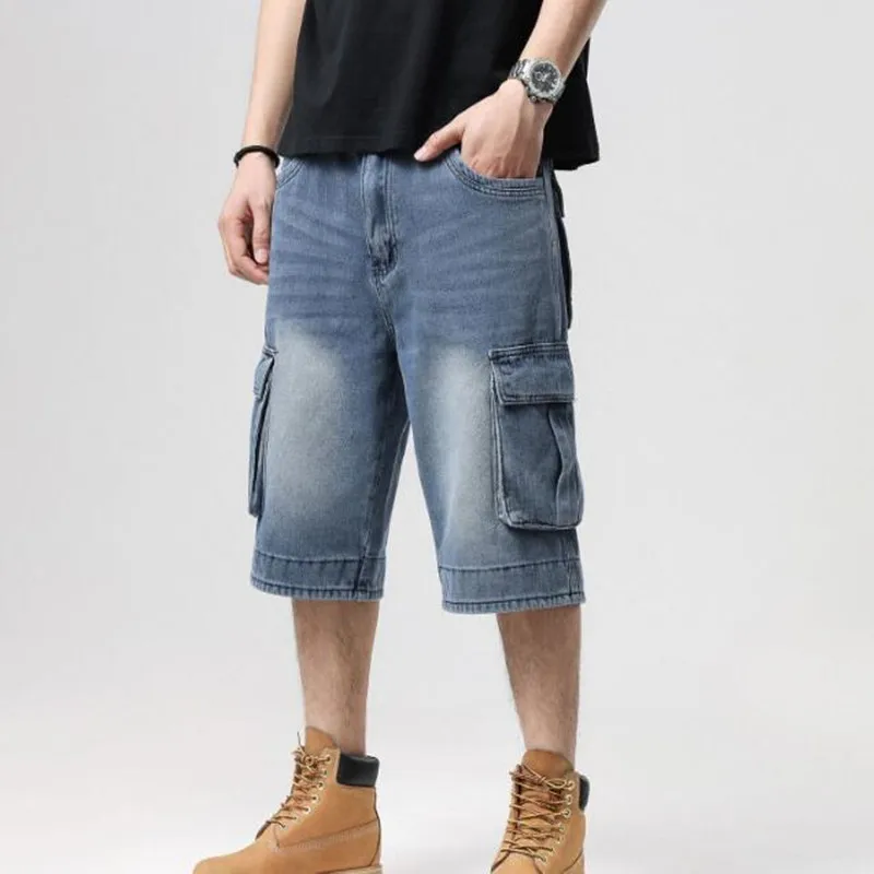 New Denim Short Pants Hip Hop Jeans Mens Cropped Trousers Straight Jeans Mans Wear Big Size 44 46 Bottoms