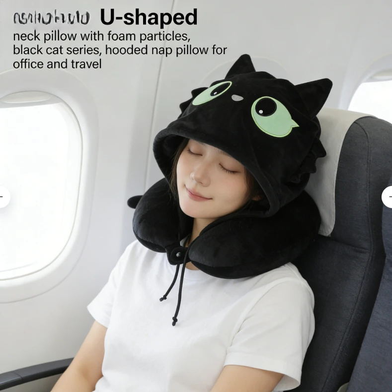 Cartoon Cute Cat Foam Particles U Shaped Pillow With Hood Neck Support For Office Nap Travel Sleeping Home Rest