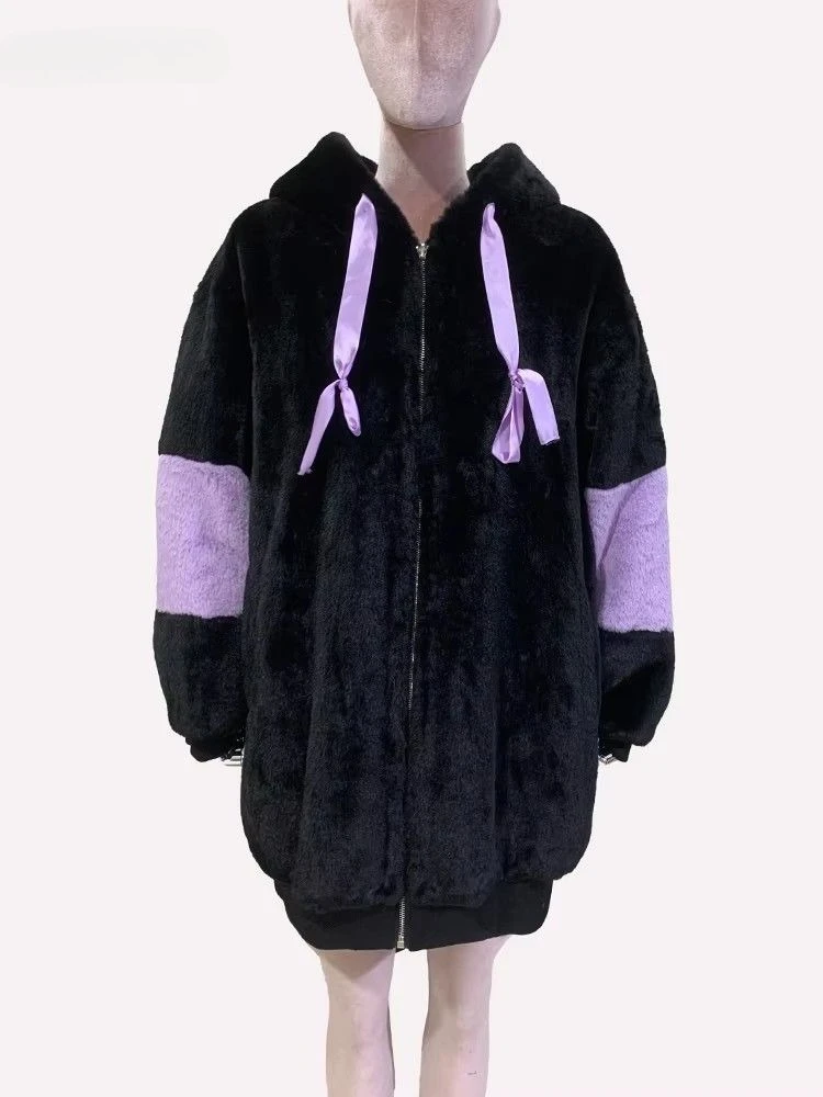 Soft Cute Sweet Y2k Hooded Faux Fur Coat Women Winter Warm Thicken Fur Jacket Rabbit Ears Outerwear Loose Streetwear Harajuku