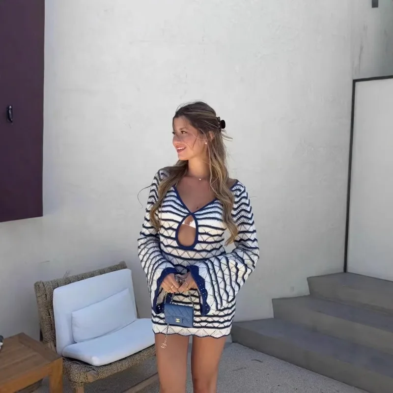 

European and American style cross-border foreign trade women's clothing 2025 fashion striped hollow long sleeved dress