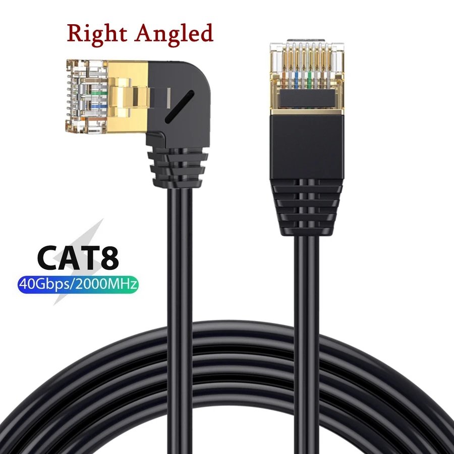 Cabo Ethernet Cat8 Ultra Slim, Rede Lan, 90 Graus, Cima para baixo, Esquerda, Ângulo de Internet, 40Gbps, SFTP, RJ45, RJ45