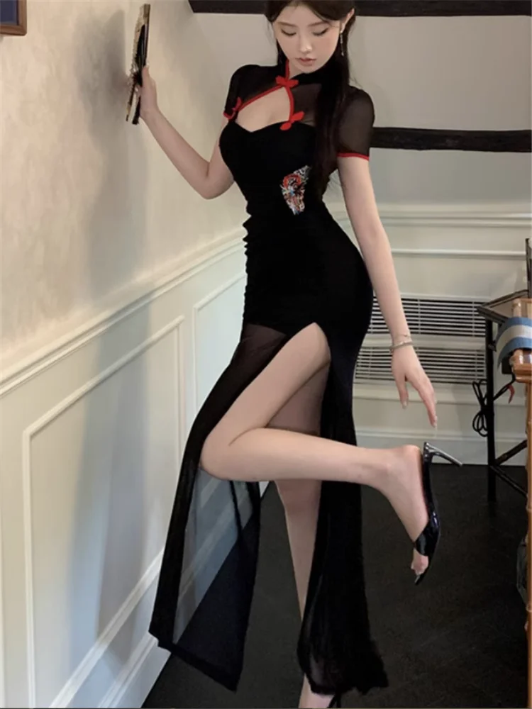 New Chinese Style Sheer Mesh Patchwork Black Red Cheongsam Dress High Split Short Sleeve Stand Collar Elegant Pencil Qipao Dress