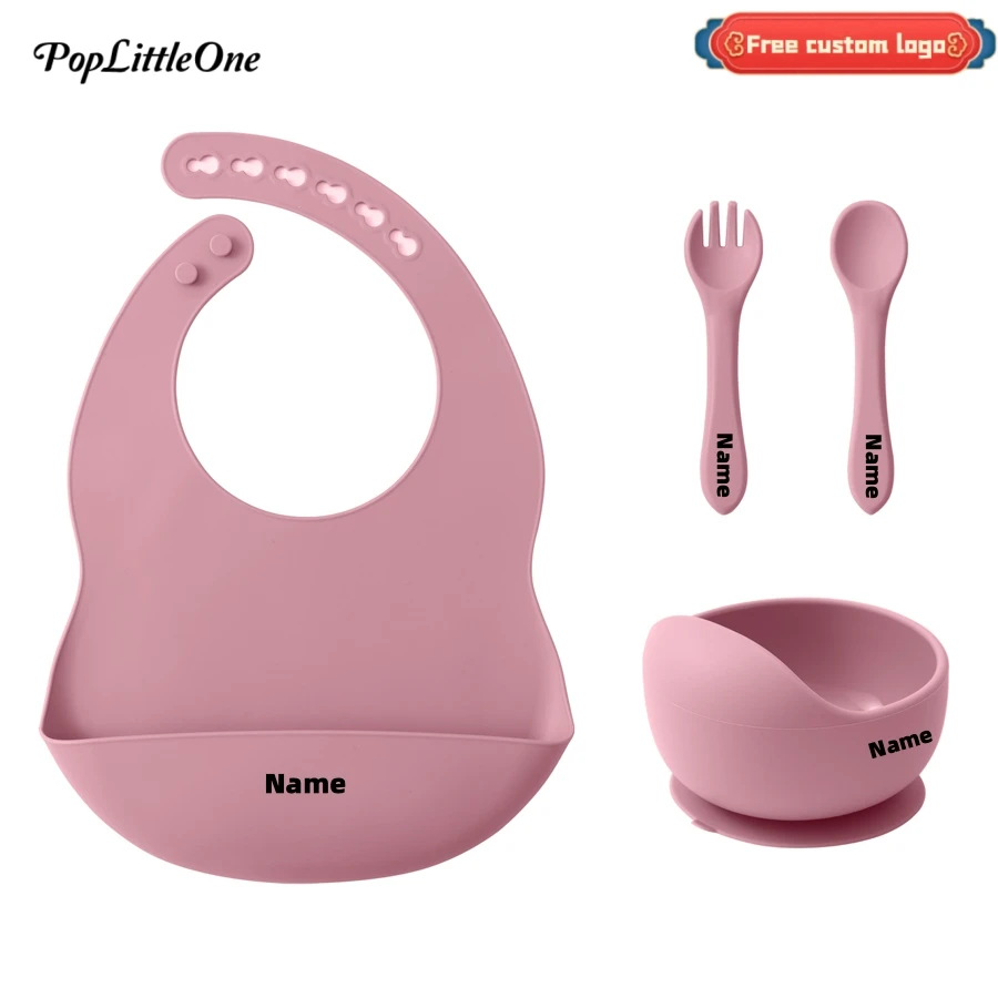 

Personalized Name 4PCS Baby Silicone Tableware Set Waterproof Bib Suction Non-slip Bowl Feeding Training Spoon Fork Dinner Set