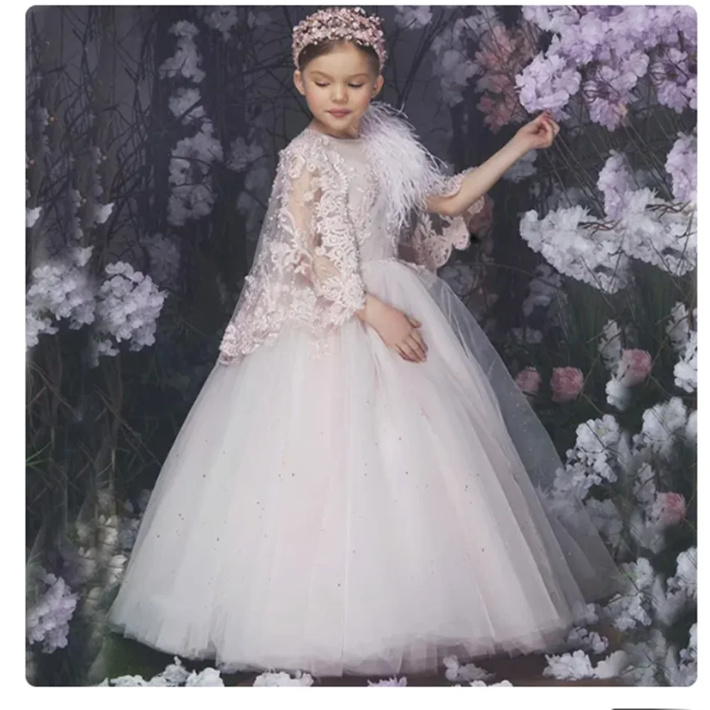 Elegant Pink Flower Girl Dress Appliques with Cape Feathers Birthday Princess Gown for Baby Kids Wedding Communion Party