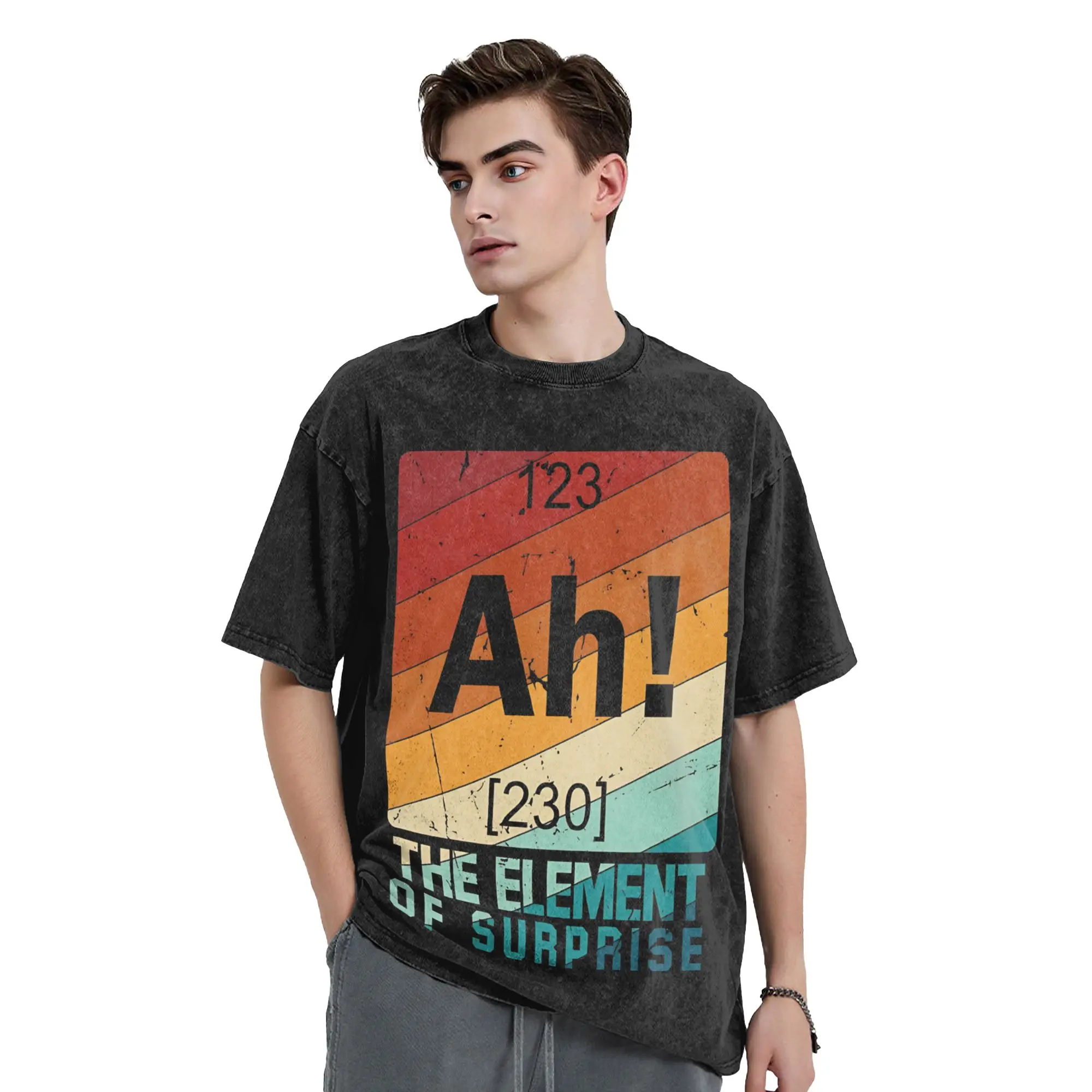 Funny  Ah! The element of surprise! Vintage Washed T Shirt Pure Cotton Awesome T-Shirt Crew Neck  Tee Shirt Short Sleeve Clothes