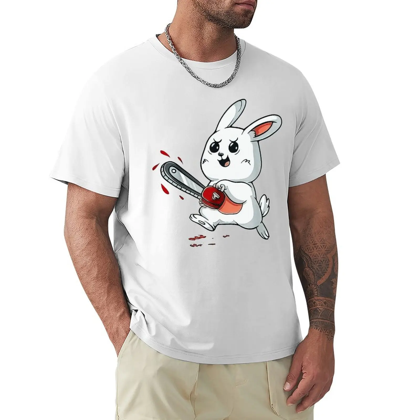 

Evil Bunny Easter Rabbit With Chainsaw T Shirt Harajuku Short Sleeve T-shirt 100% Cotton Graphics Tshirt Tops