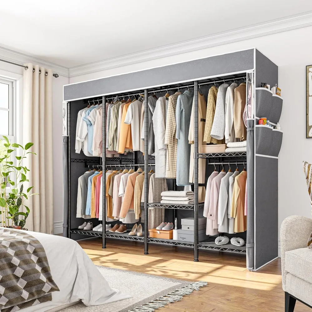 رف ملابس معدني شديد التحمل مع غطاء وأرفف - يحمل 1100 رطلاً، وخزانة محمولة لتعليق الملابس، ونعل تخزين متين