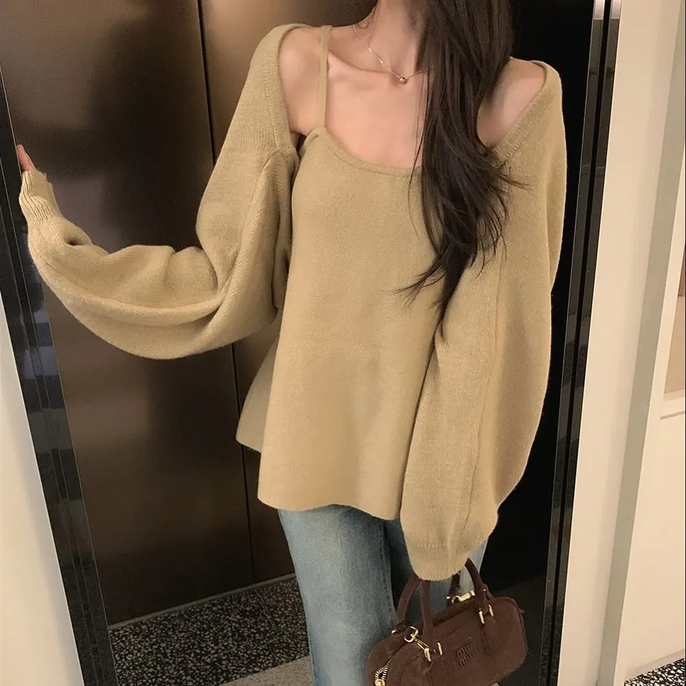 

Retro Chic Women's Long Sve Knitted Vest Strap Sweater Outerwear Versatile Base Layer Open Cardigan Sle Fitted for Teens