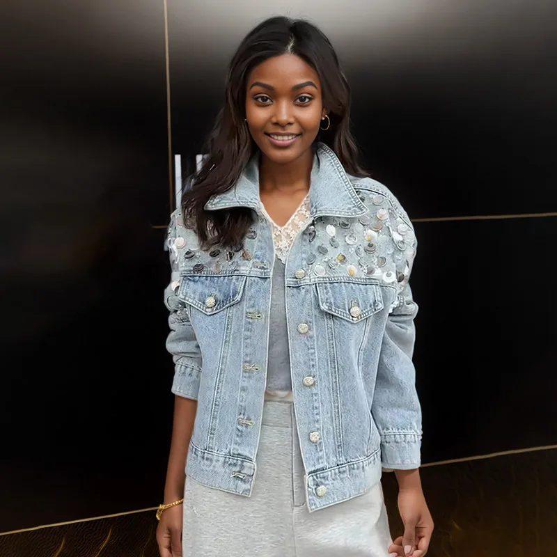 

WTHT Fashion Women Heavy Industry Sequins Lapel Denim Jacket 2025 Spring Trendy Long Sleeves Single Breasted Coat Female 1LS1333