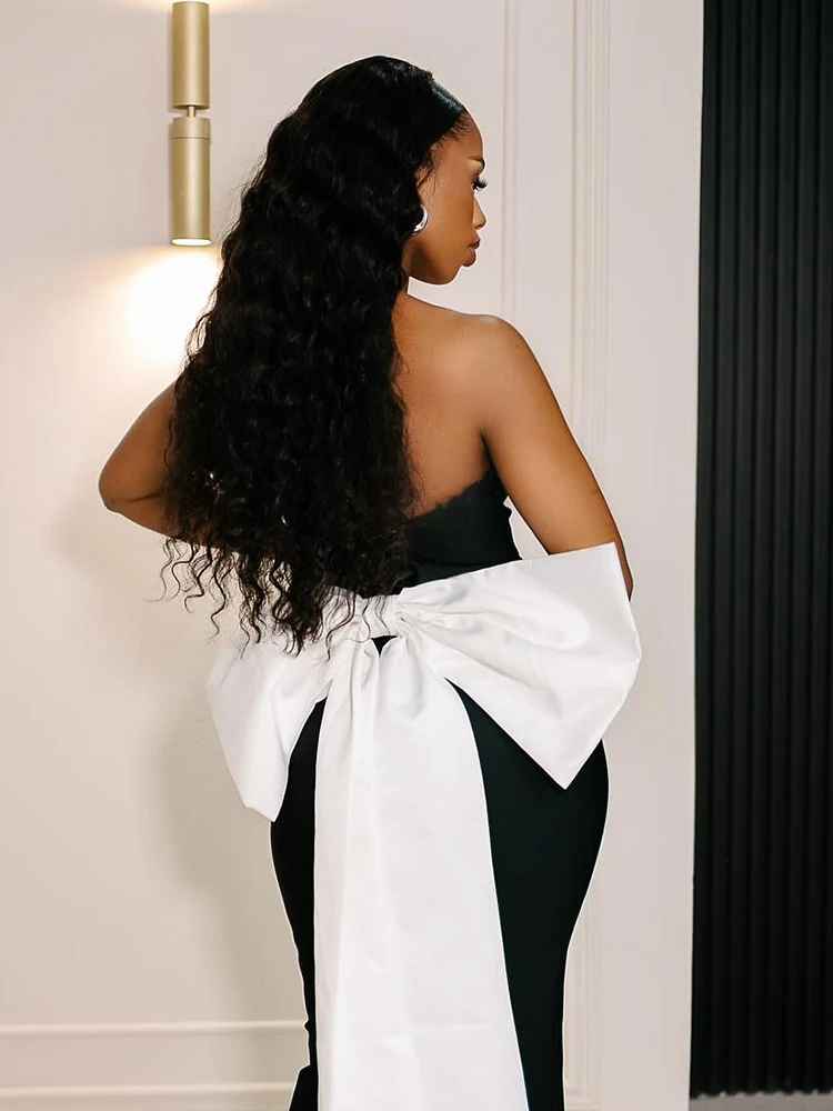 Black Strapless V Neck Long Dress with Large White Bow Sexy Backless Sleeveless Prom High - End Evening Gown Vestido