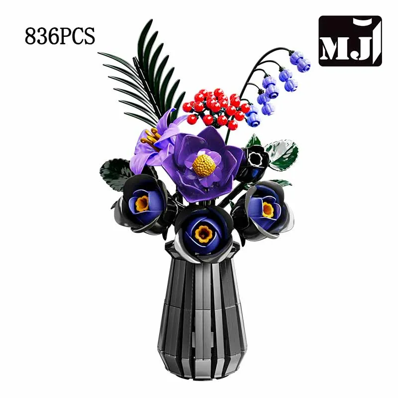 Bouquet de fleurs violettes MJ BLOCK, décoration de maison, modèle créatif, briques de construction, fleurs DIY, jouet, blocs de construction, cadeaux pour filles et adultes