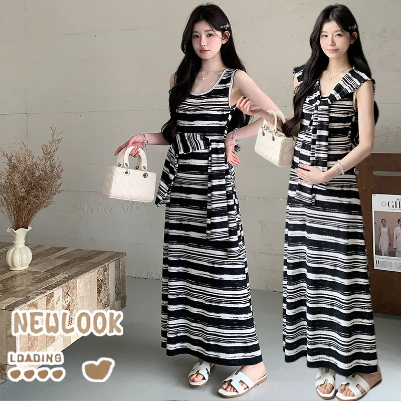 Maternity Dress Summer 2026 Minimalist Versatile Striped Sleeveless Dress and Shawl Two Piece Set for Pregnant Women