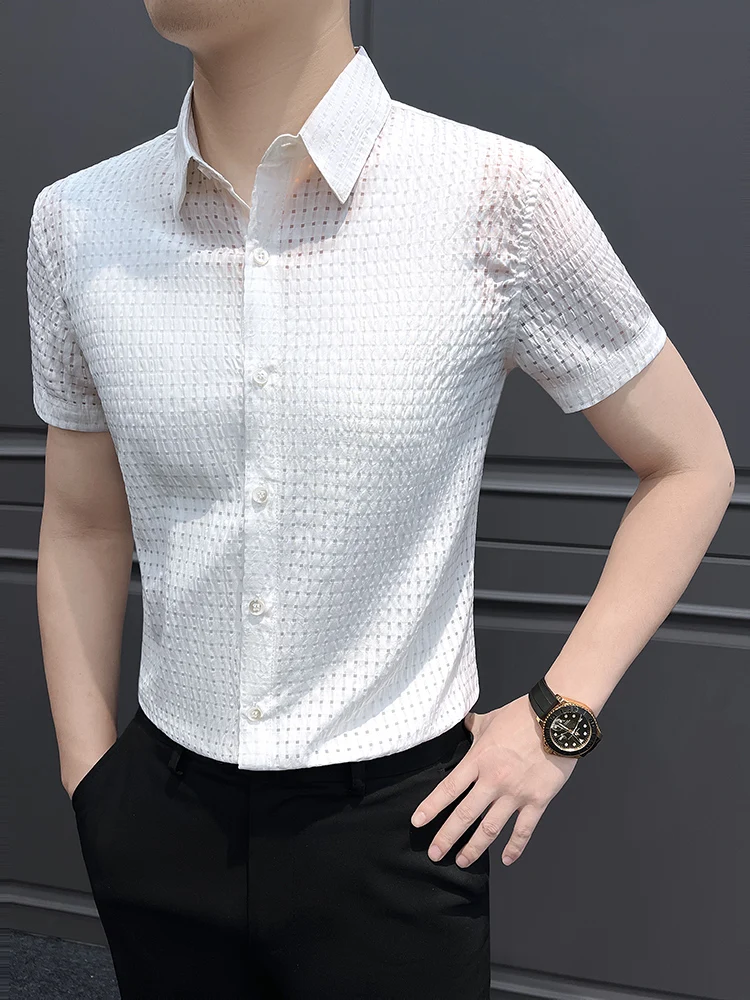 Summer Hollow Mesh Short Sleeved Shirts  Men Ice Silk Breathable Casual Business Dress Shirt Handsome Versatile Streetwear Shirt