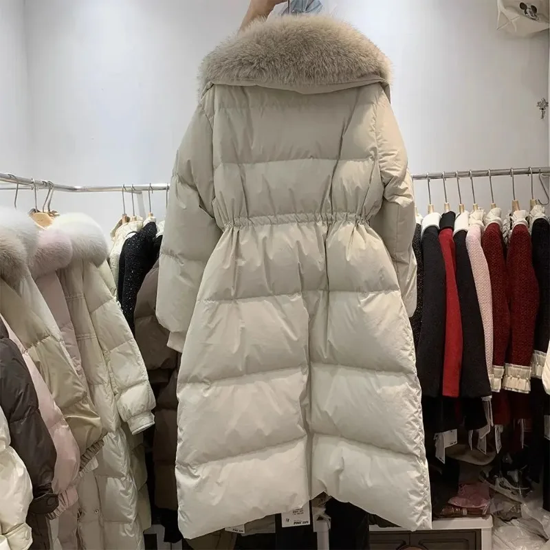 Damen-Jacke aus Fuchsfellimitat, warme Baumwolle, Winter 2022, verdicktes langes Design mit großem Pelzkragen, neuer Stil für kaltes Wetter