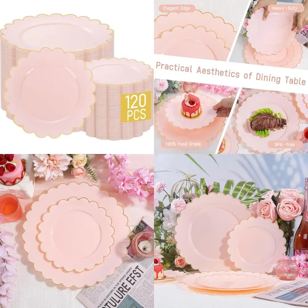 

120 Pack Pink Heavy Duty Gold-rimmed Disposable Plates - 60 10.25 Dinner & 60 7.5 Dessert Plates for Parties & Celebrations