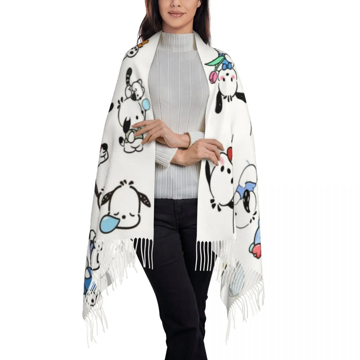 Custom Pochacco Cartoon Tassel Scarf Women Soft Shawls Wraps Lady Winter Fall Scarves