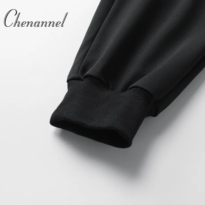 Black long pants with elastic waist and tapered legs fleece new autumn outdoor sporty style loose long pants