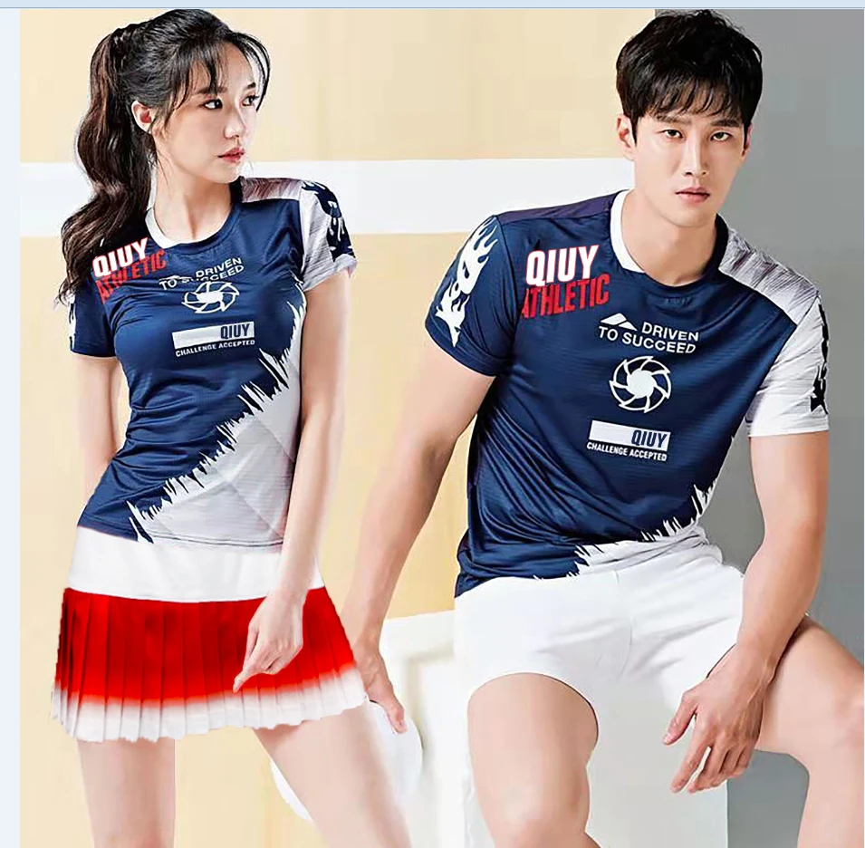 South Korea big size tennis suit top men\'s and women\'s quick drying sportswear badminton team print round neck summer table tenn