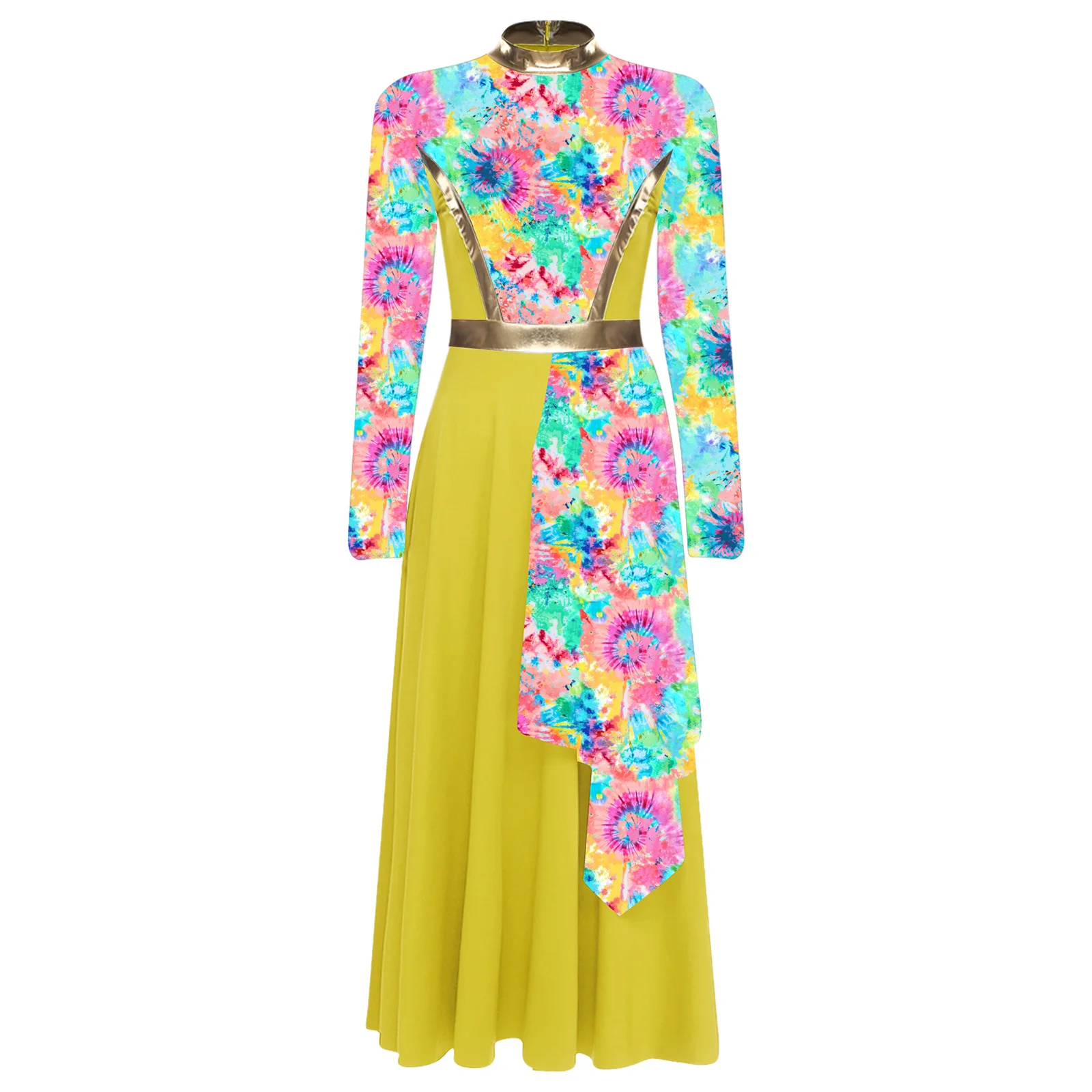 Traje de baile de adoración de alabanza para mujeres adultas túnica de manga larga vestido asimétrico de cintura alta traje de actuación de danza lírica