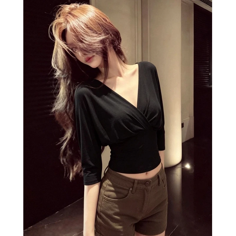 Half Sleeve Slim V Neck Solid Simplicity Sexy Tops Tees Women Clothing New All-match Youth Korean T Shirts Fashion Trend Summer