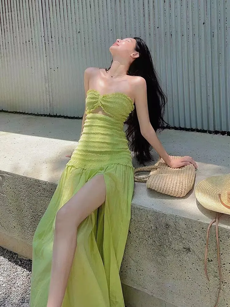 New Summer Long Strapless Holiday Dress Women Fashion Sexy Hollow Sexy Split Green Dress Seaside Resort Vacation Beach Dress