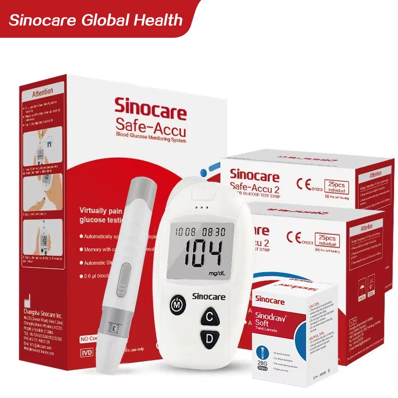 Sinocare Safe Accu CE Blood Glucose Meter Test Strips Lancets Glucometer Kit Medical Device for Diabetes Sugar Test
